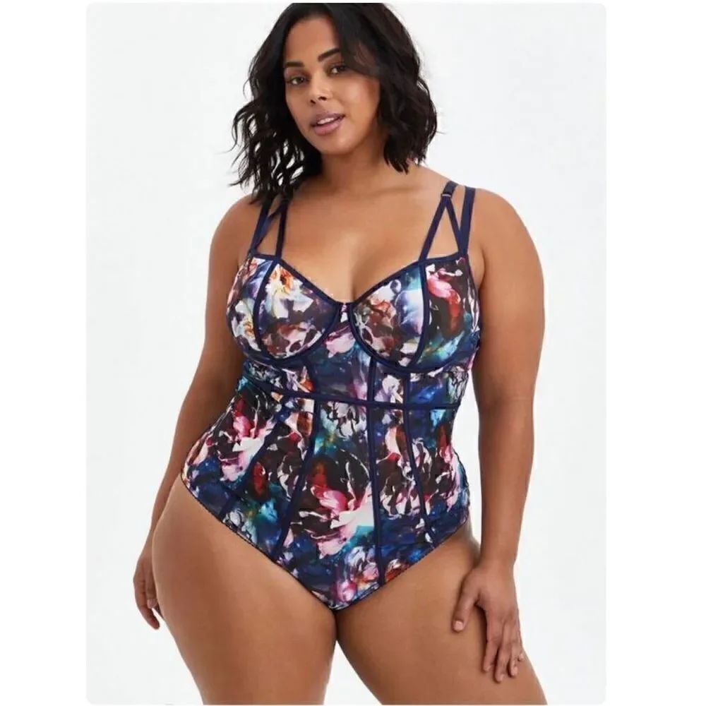 Torrid blue floral galaxy mesh piping bodysuit
